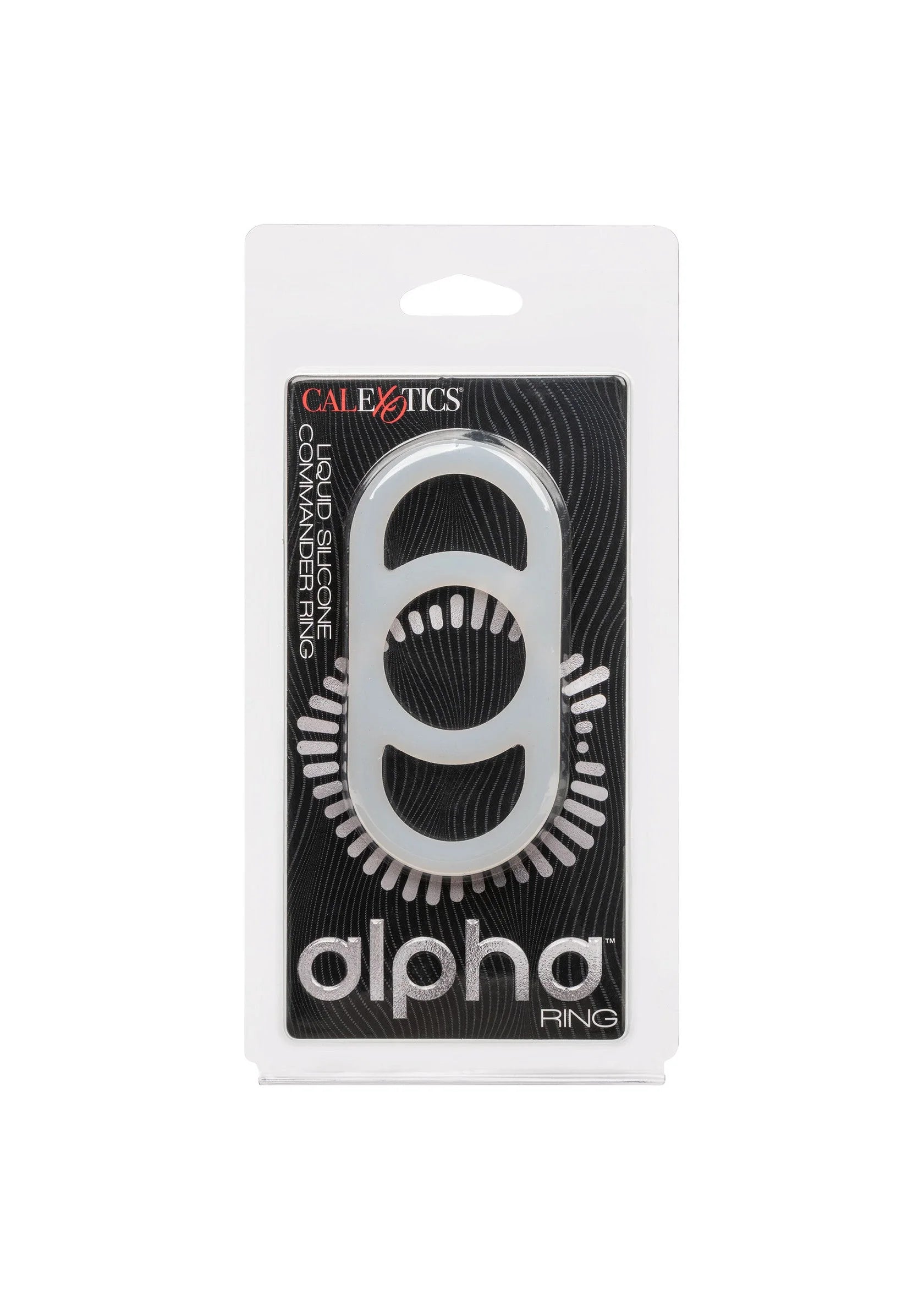 CalExotics aloha ring in blisterverpakking, zwarte siliconen ring in beeld.