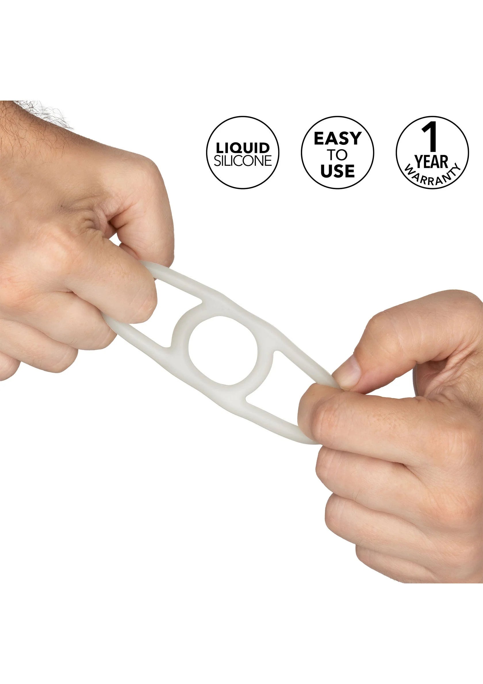 Witte siliconen ring in gebruik met handen; easy to use, liquid silicone, 1 jaar garantie