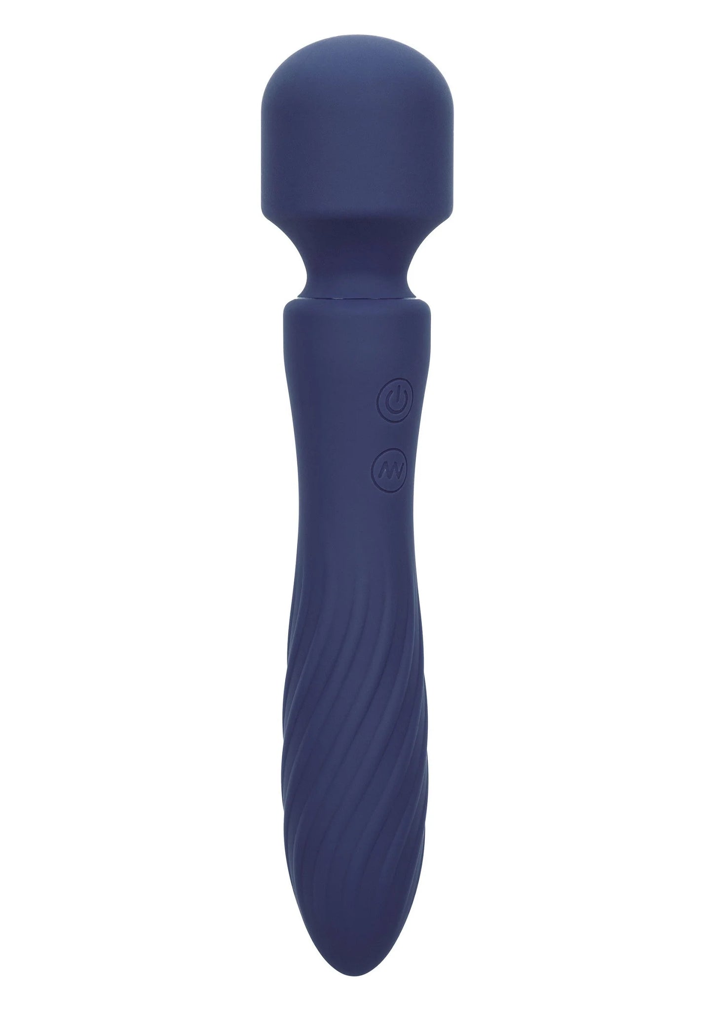 Blauwe siliconen vibratormassager met afgeronde kop en taps handvat