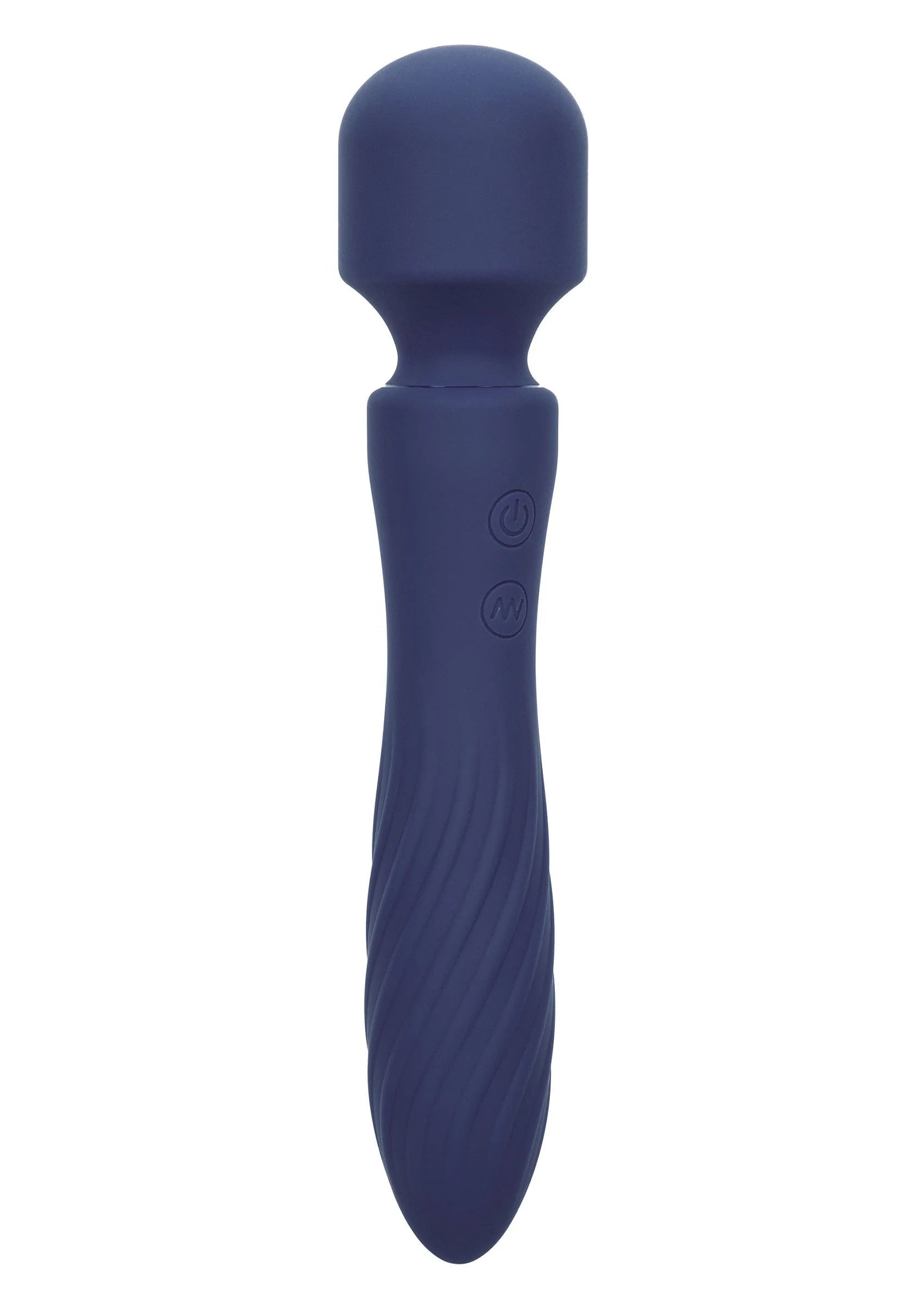 Blauwe siliconen vibratormassager met afgeronde kop en taps handvat