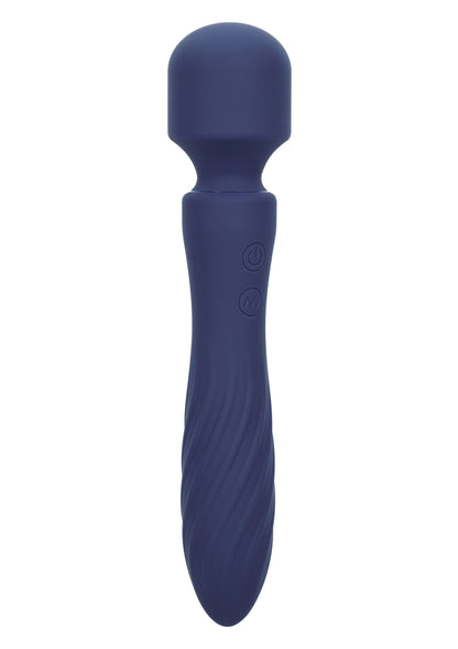 Blauwe siliconen vibratormassager met afgeronde kop en taps handvat