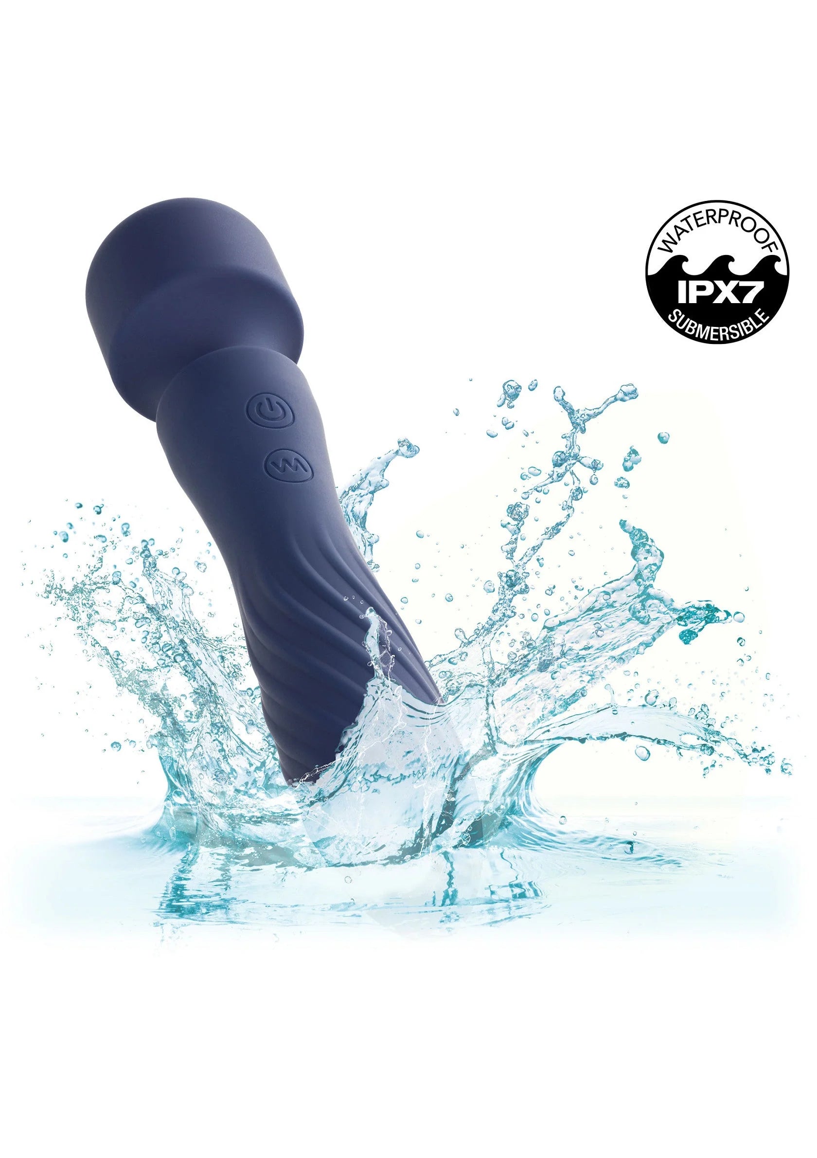 Blauwe siliconen vibratormassager met waterdruppels, afgeronde kop en knoppen