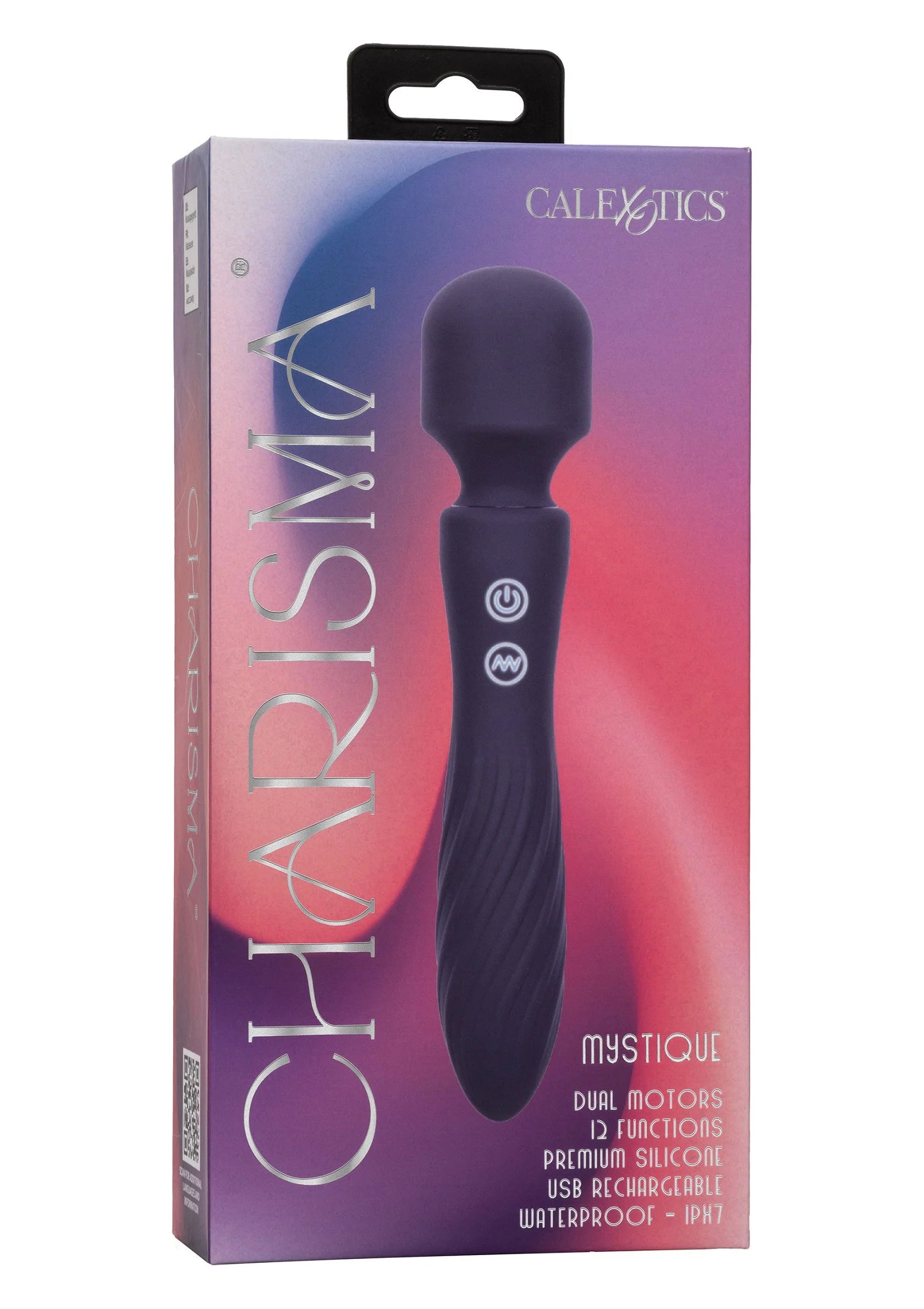 Donkerblauwe siliconen vibratormassager met ronde kop en knoppen, in verpakking