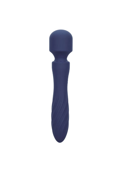 Blauwe siliconen vibratormassager met ronde kop en taps vorm, knopsectie op steel