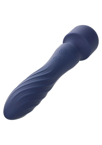 Blauwe vibratormassager met zachte golvende textuur en ronde, afgeronde kop