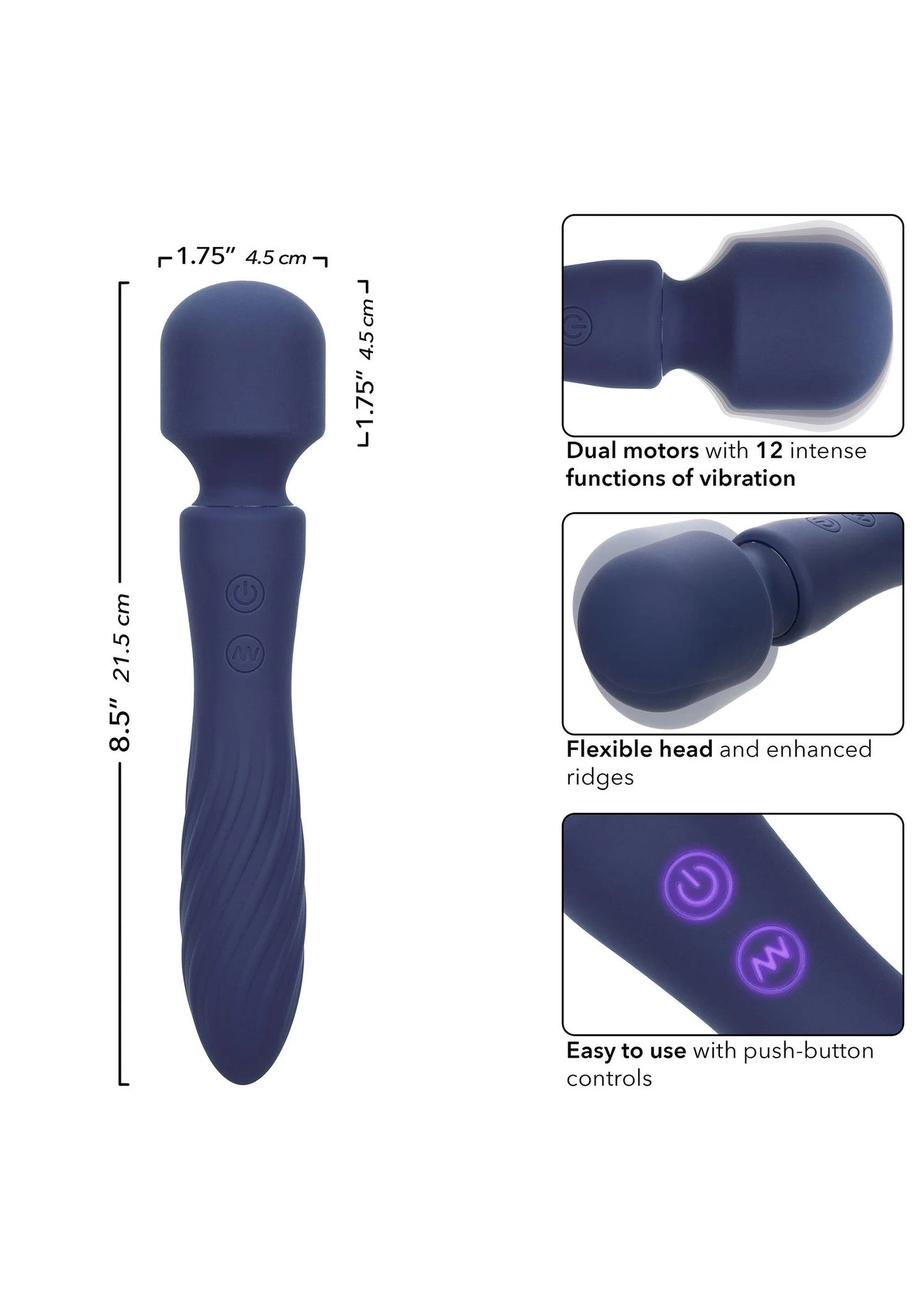 Blauwe siliconen vibratormassager met ronde kop en knoppen op het handvat