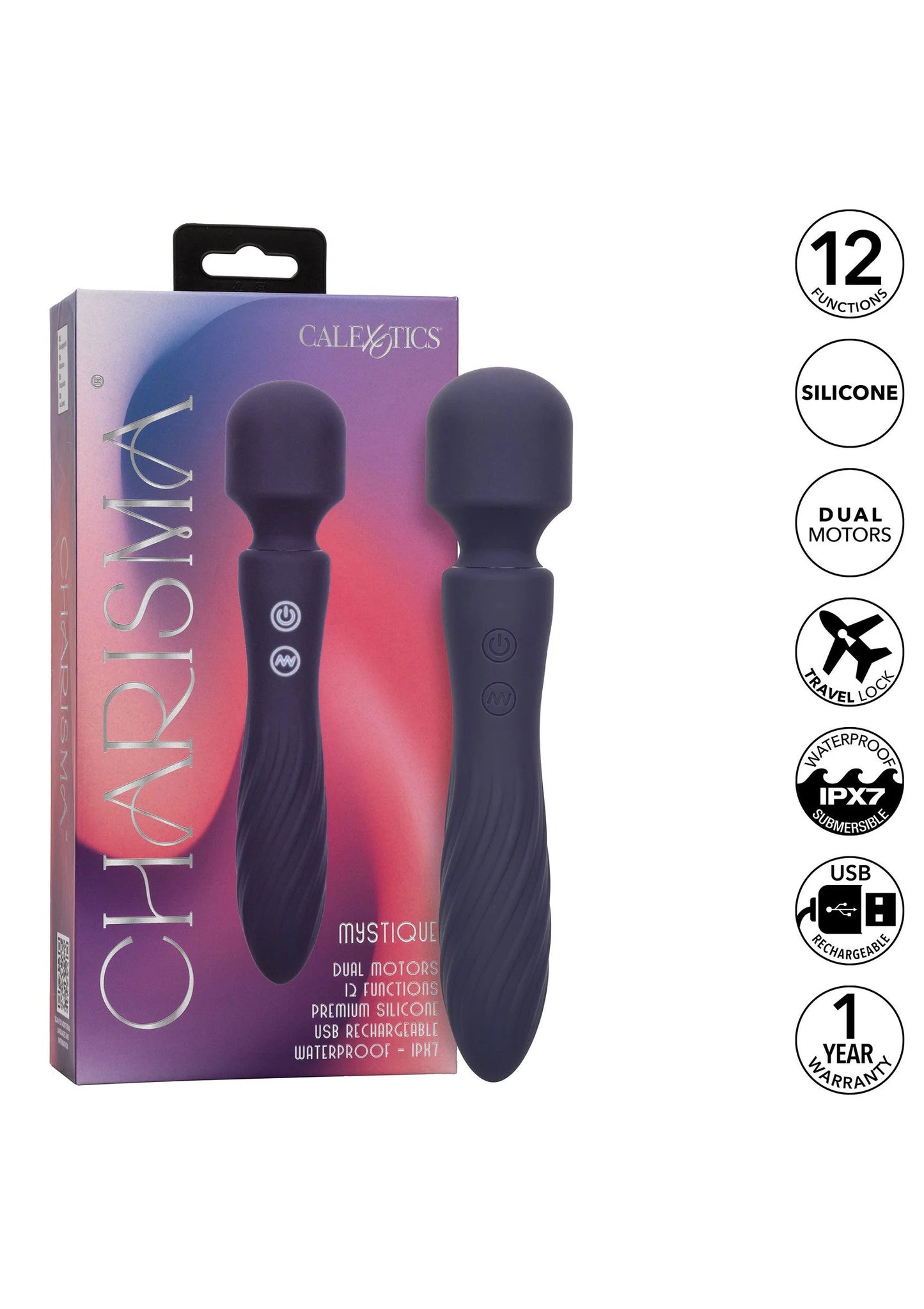 Donkerblauwe siliconen vibratormassager met ronde kop en bedieningsknoppen, in doos