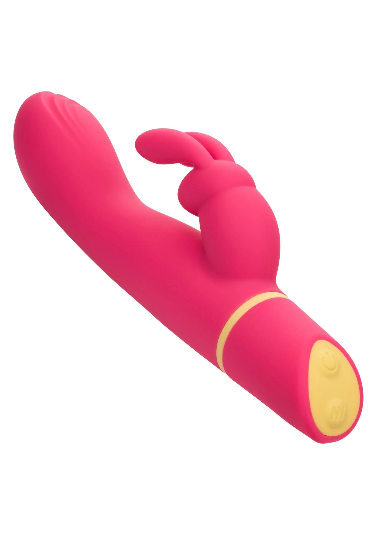 Roze siliconen konijnvibrator met pootjes en ronde onderzijde, vibratiekop