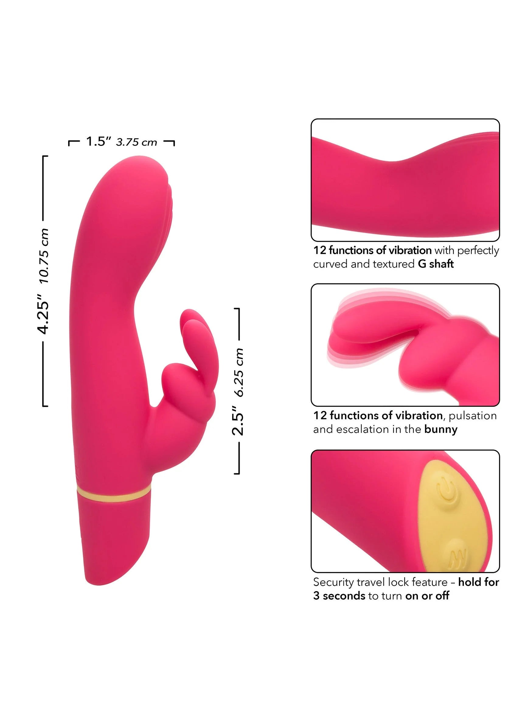 Roze konijnvibrator met pootjes, afmetingen en bedieningsdetails op afbeelding