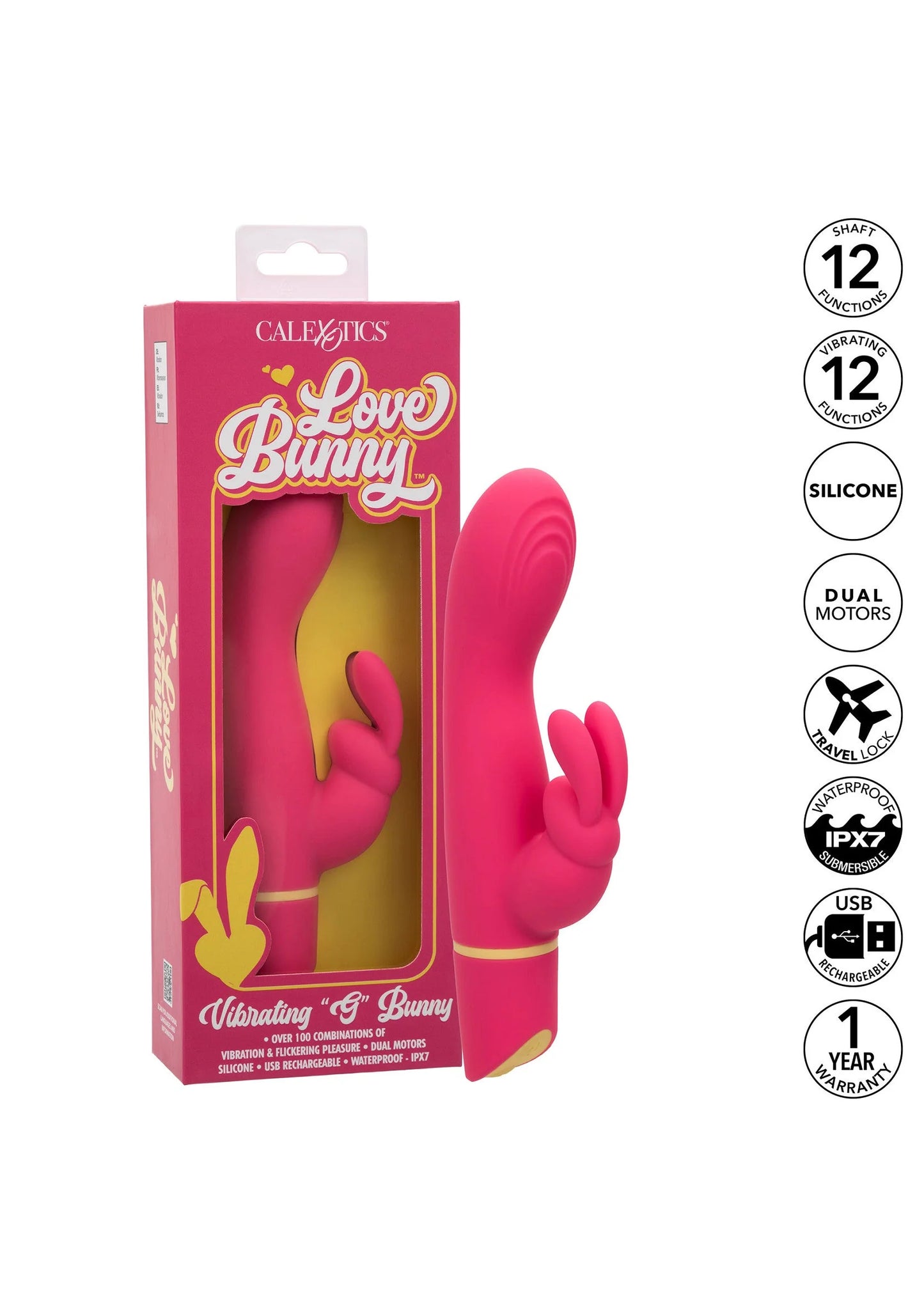 CalExotics Love Bunny konijnvibrator, roze silicone vorm en doos op achtergrond