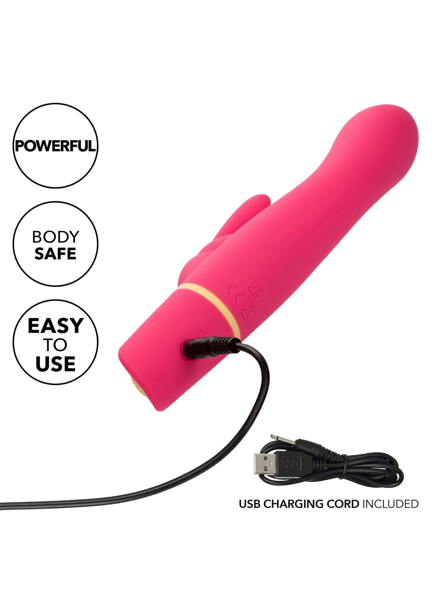 Roze konijnvibrator met USB-oplaadkabel, siliconen body met gele ring