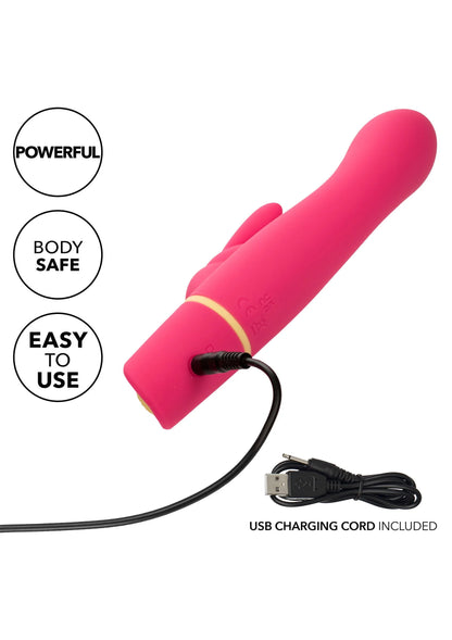 Roze konijnvibrator met USB-oplaadkabel, siliconen body met gele ring