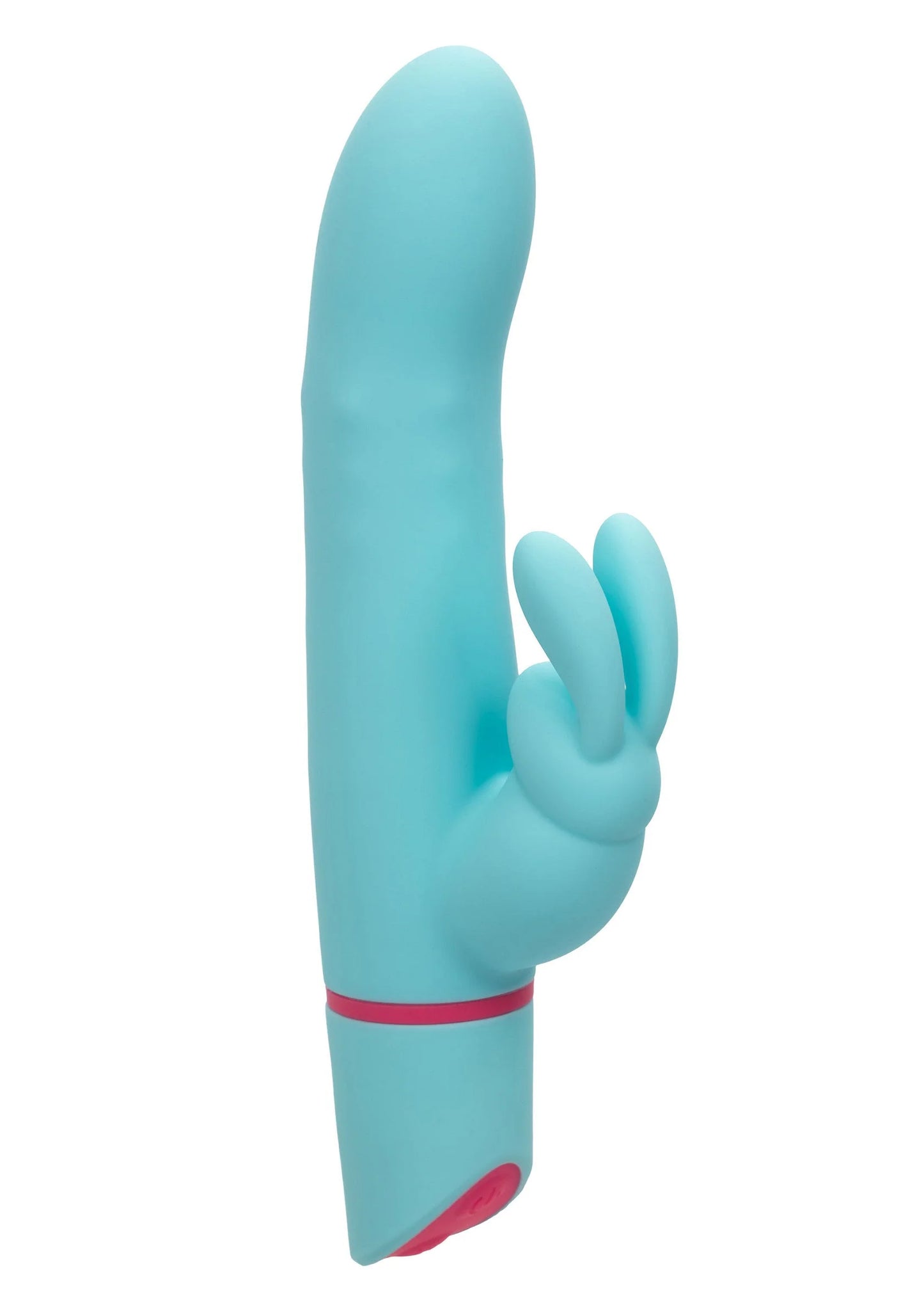 Turquoise roterende konijnenvibrator met opstaande konijnenhand en roze band