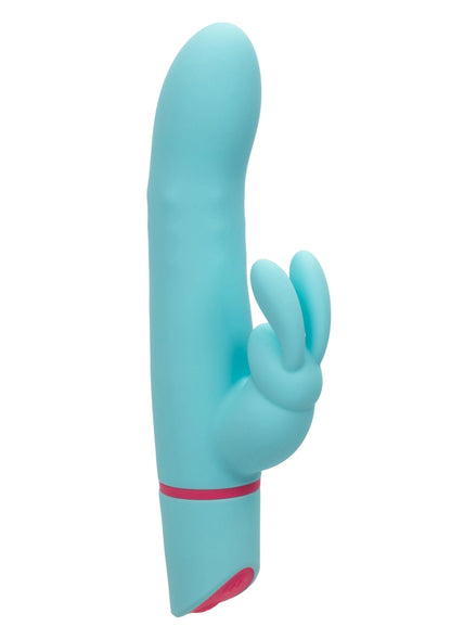 Turquoise roterende konijnenvibrator met opstaande konijnenhand en roze band