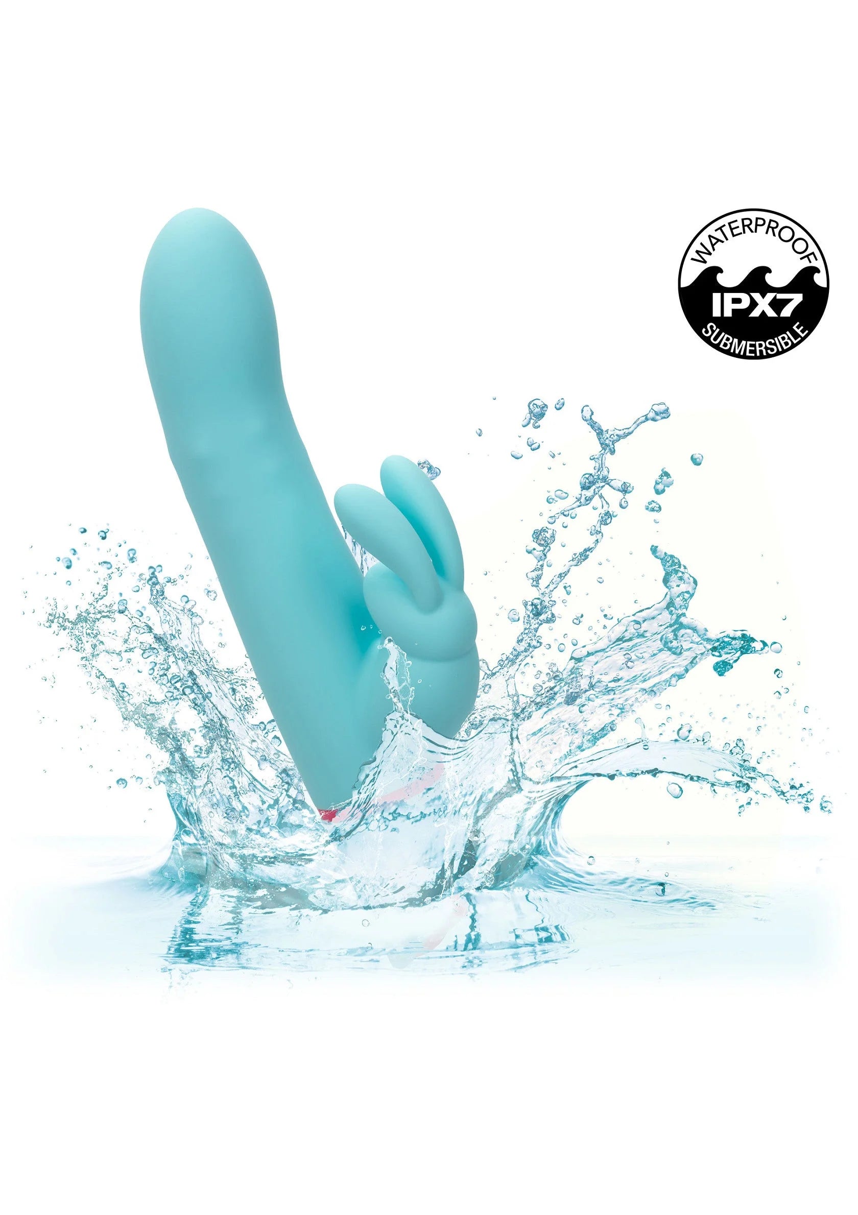 Turquoise roterende konijnenvibrator met water rondom en waterdichte markering