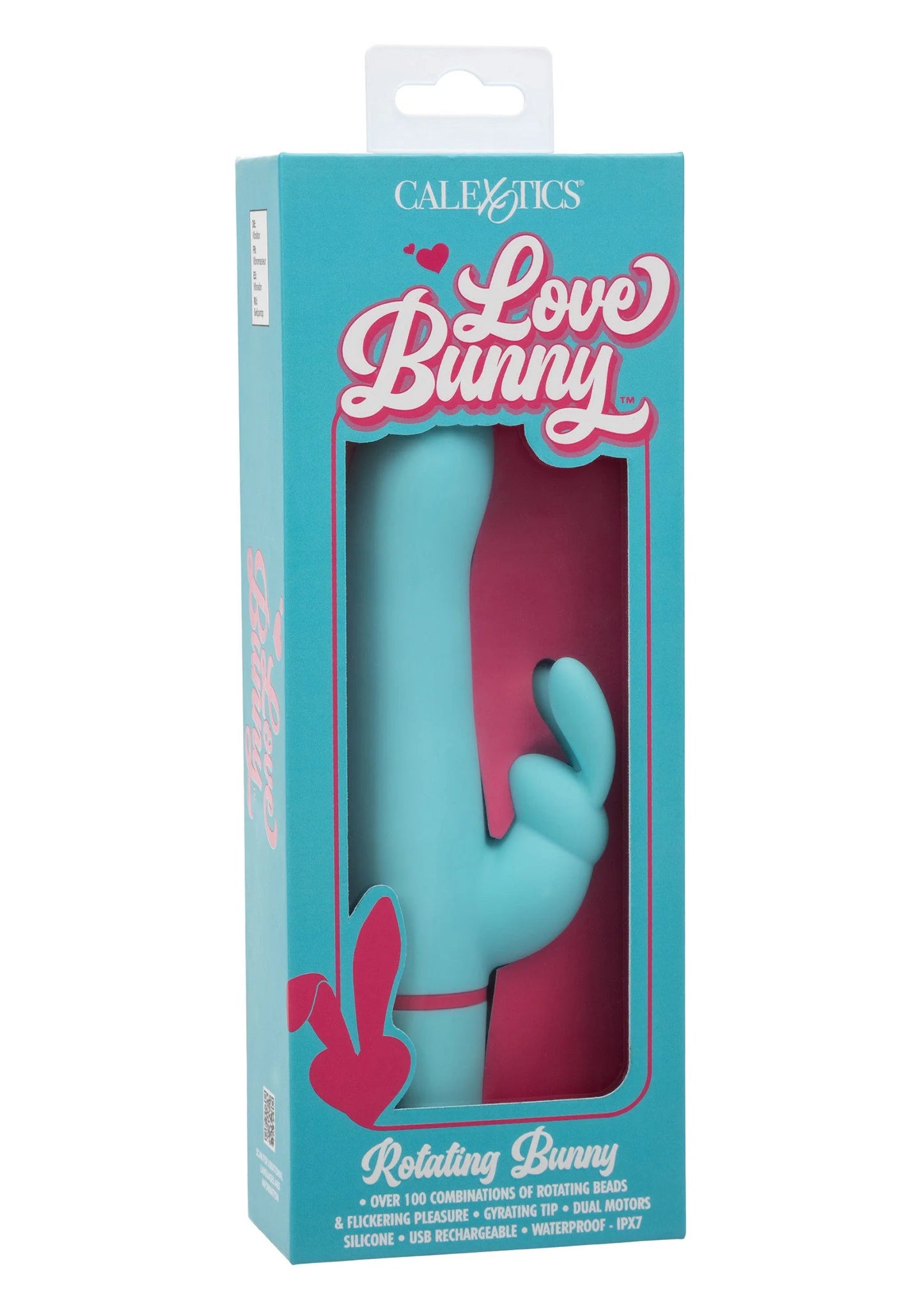 Verpakte CalExotics Love Bunny roterende konijnenvibrator in turquoise en roze