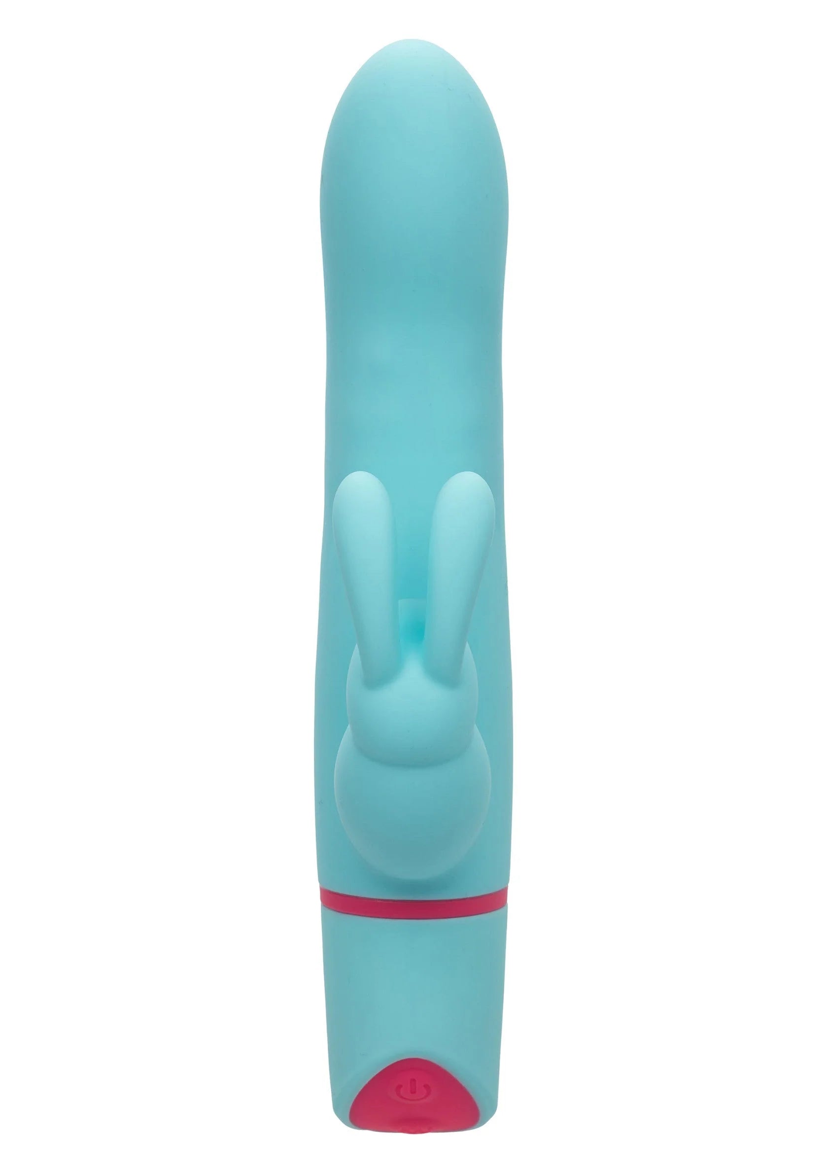 Turquoise roterende konijnenvibrator staand, roze onderrand en gladde behuizing