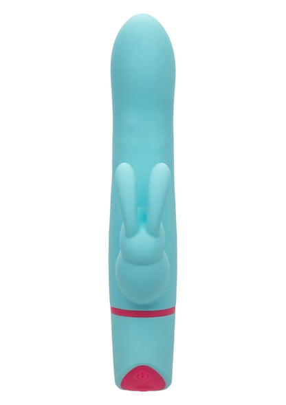 Turquoise roterende konijnenvibrator staand, roze onderrand en gladde behuizing