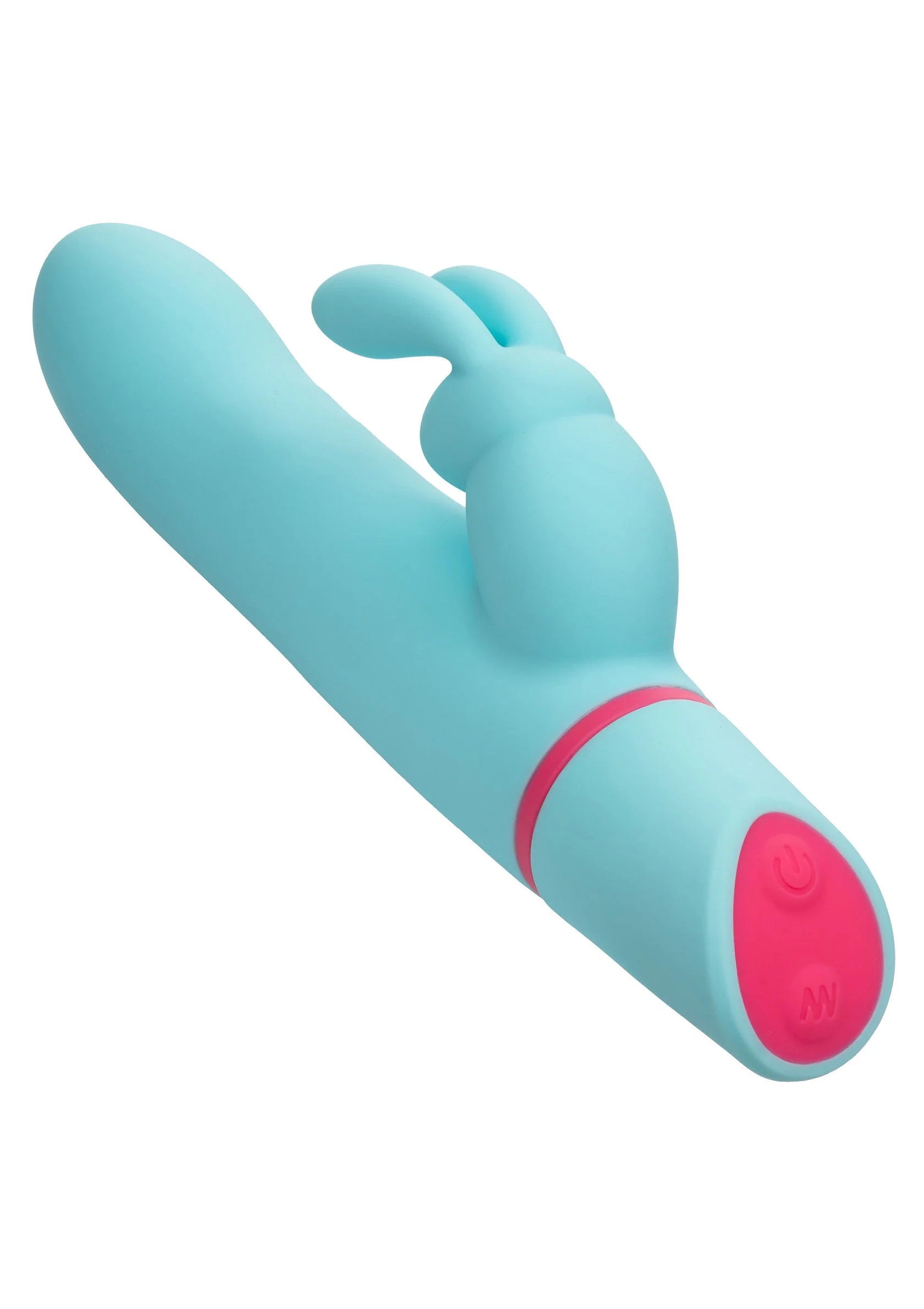 Turquoise roterende konijnenvibrator schuin, met roze ronde onderkant