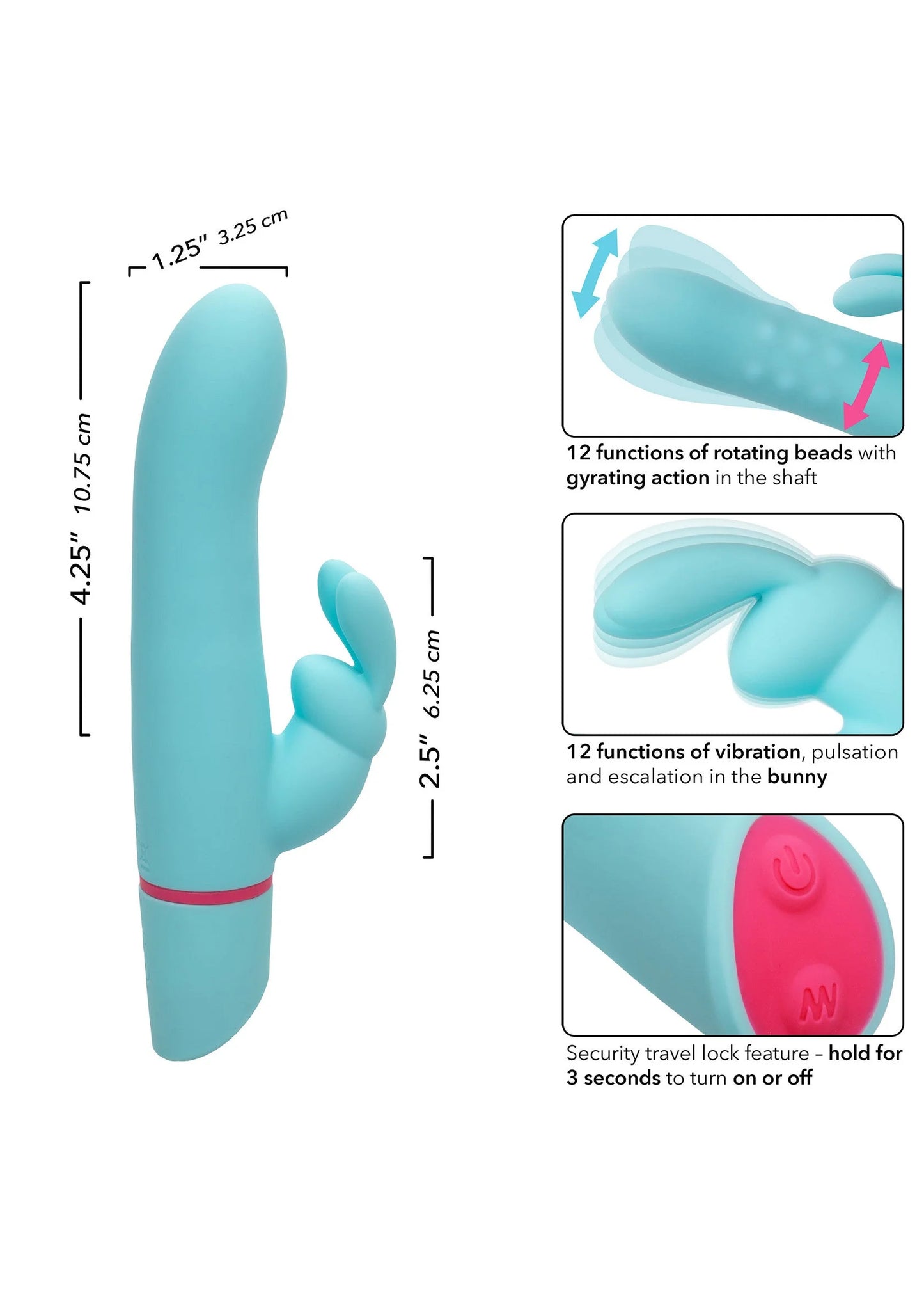 Turquoise roterende konijnenvibrator met maatlijnen, rode band en konijnkop