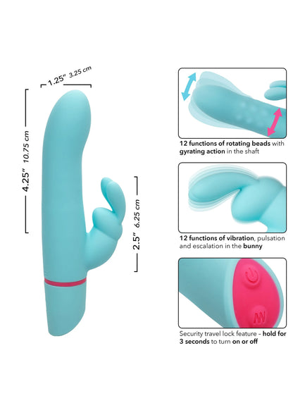 Turquoise roterende konijnenvibrator met maatlijnen, rode band en konijnkop