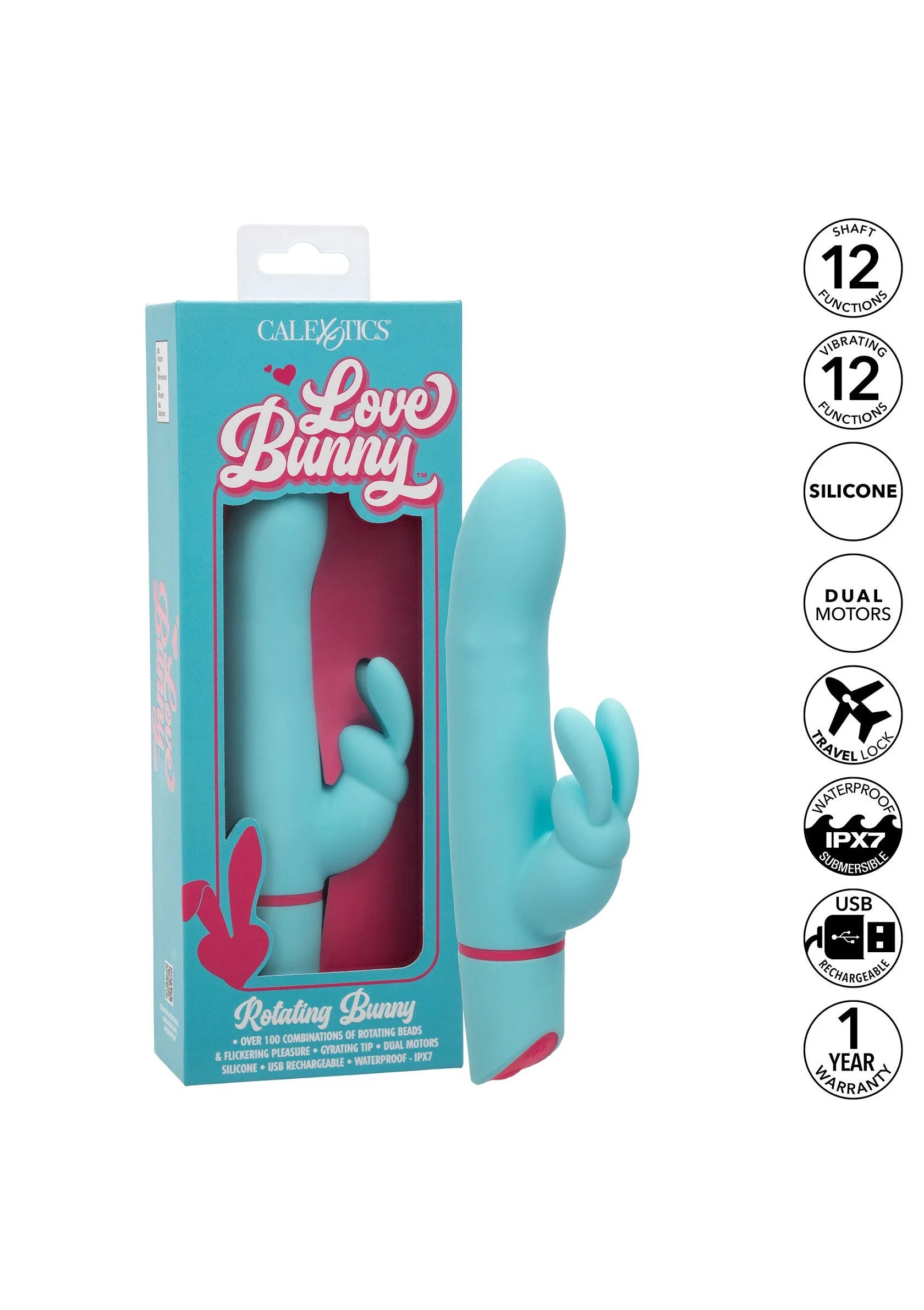 Turquoise roterende konijnenvibrator in doos met roze band en konijnvormige kop