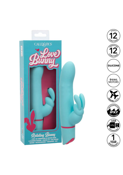 Turquoise roterende konijnenvibrator in doos met roze band en konijnvormige kop