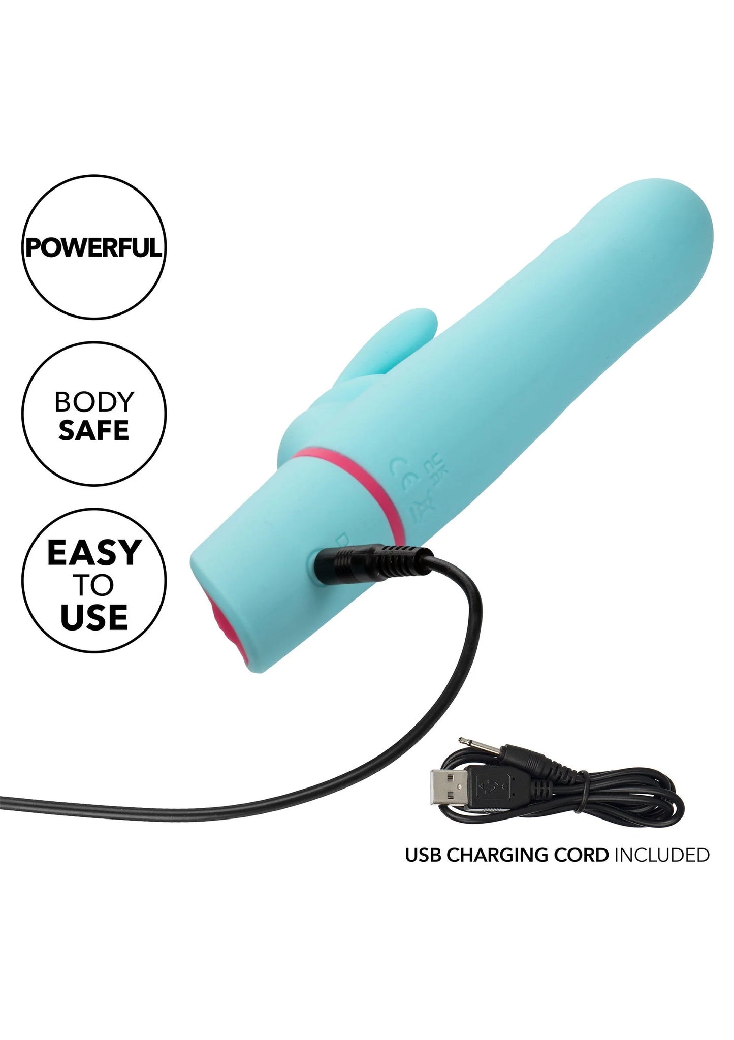 Turquoise roterende konijnenvibrator met USB-oplaadkabel en ronde roze knop