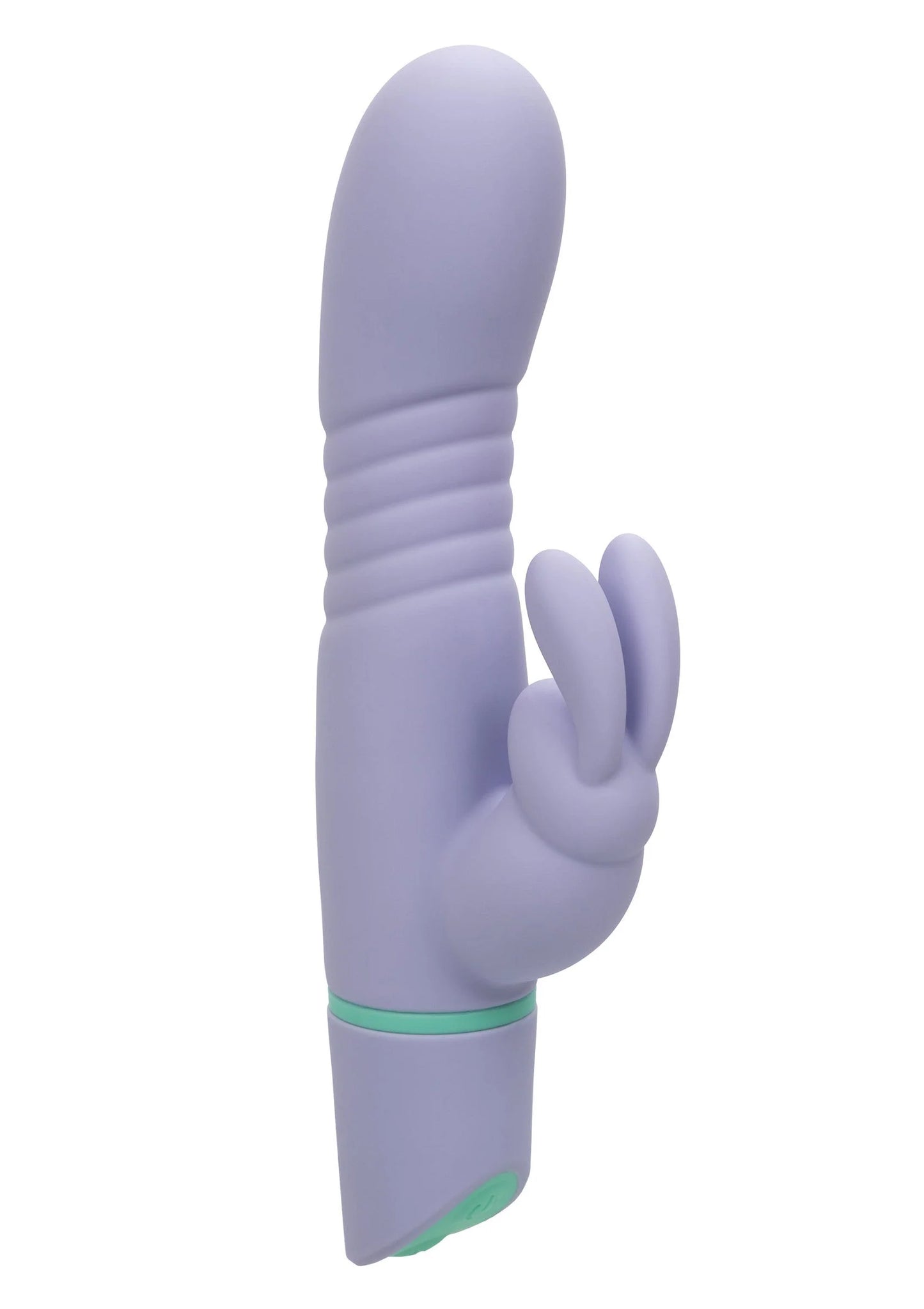 Lila vibrerende konijnen-vibrator met ribbels en groen bandje, staand model
