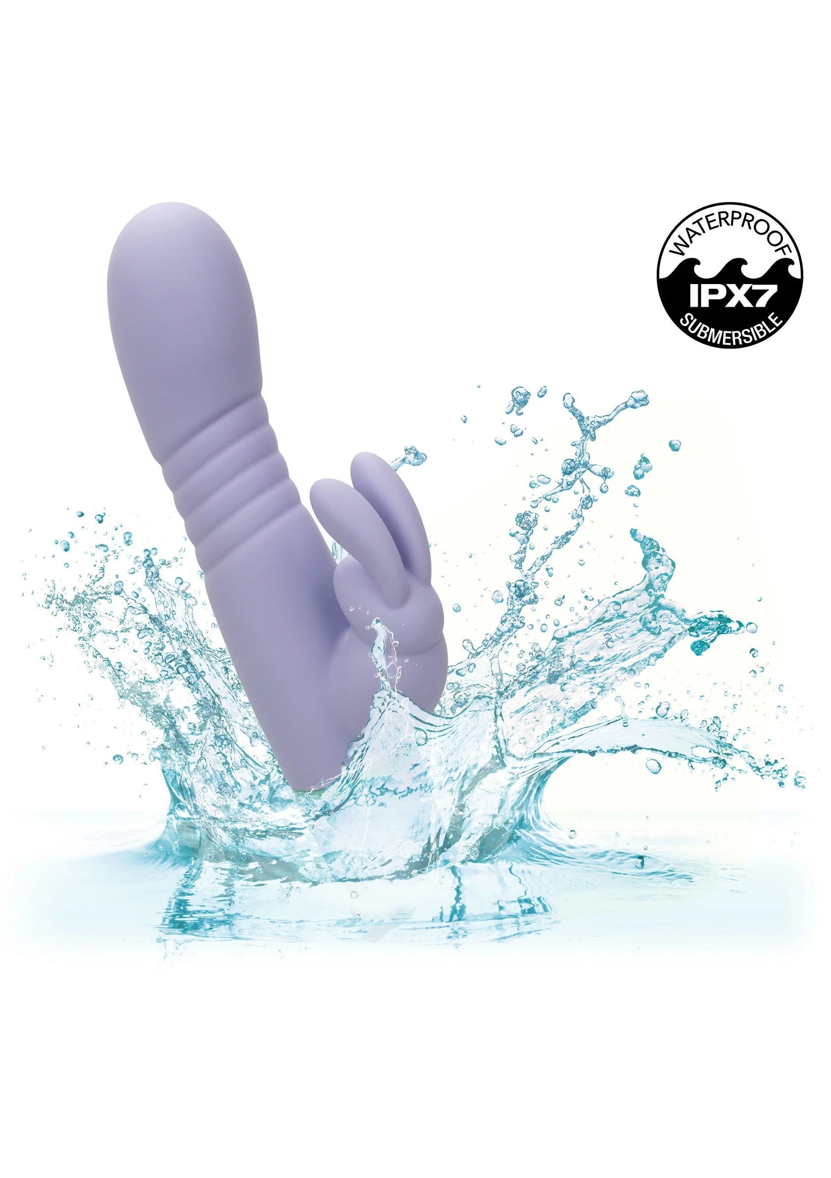 Lila vibrerende konijnen-vibrator met groen bandje, staande vorm met konijnkop