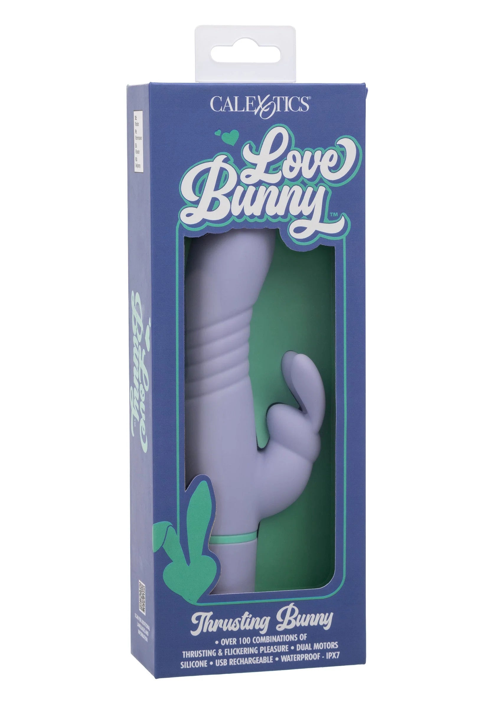 Verpakte lila vibrerende konijnen-vibrator met groen bandje en konijnenfiguur