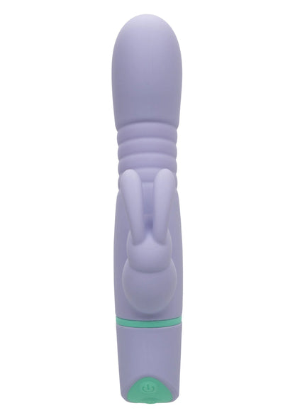 Lila vibrerende konijnen-vibrator, onderzijde met groen afsluitdopje