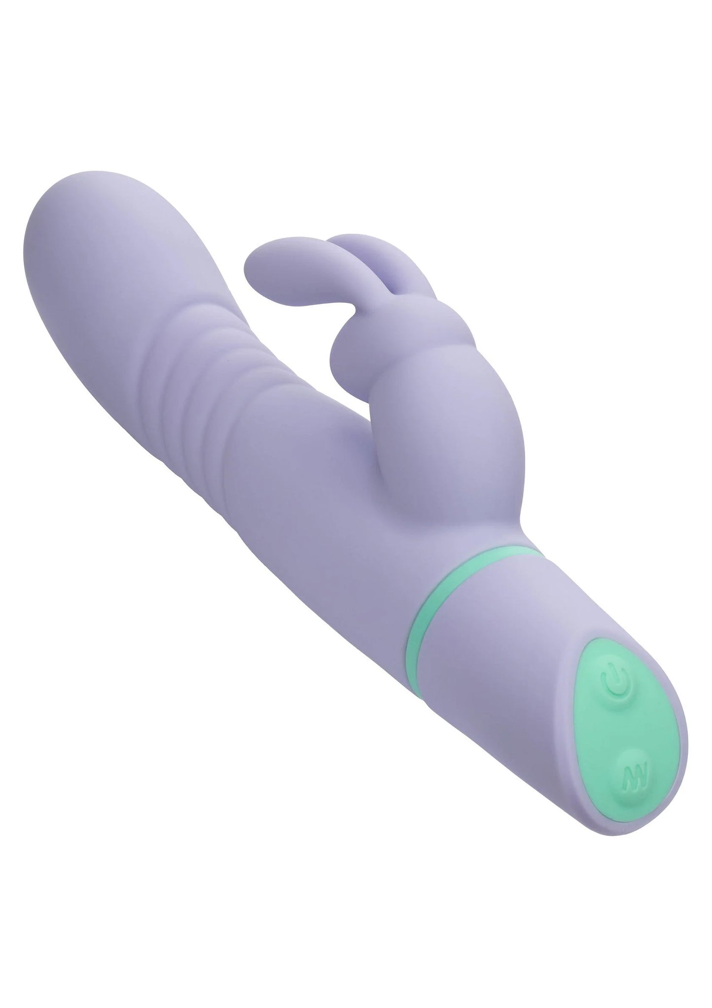 Lila vibrerende konijnen-vibrator zijdelings, groen bandje en ronde onderkant zichtbaar