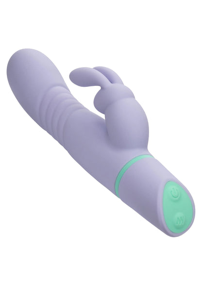 Lila vibrerende konijnen-vibrator zijdelings, groen bandje en ronde onderkant zichtbaar