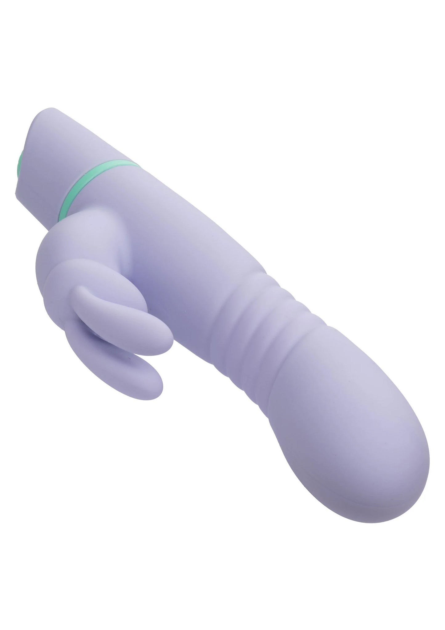 Lila vibrerende konijnen-vibrator, liggend met konijnpoten en groen bandje
