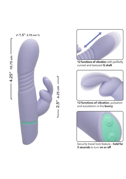 Lila vibrerende konijnen-vibrator met groen bandje en konijnpoten, staande weergave