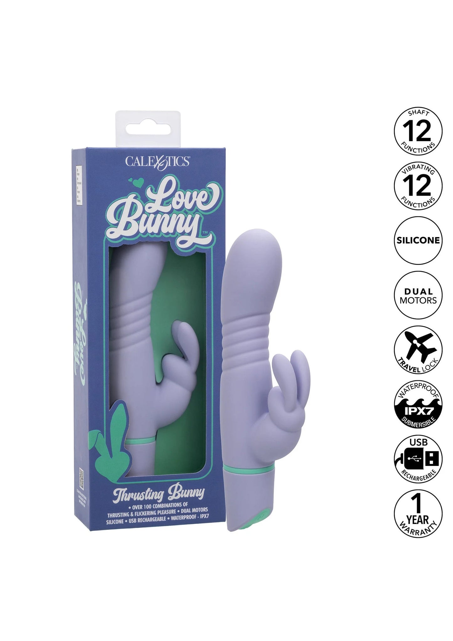 Verpakte lila vibrerende konijnen-vibrator met groen bandje, staand in doos