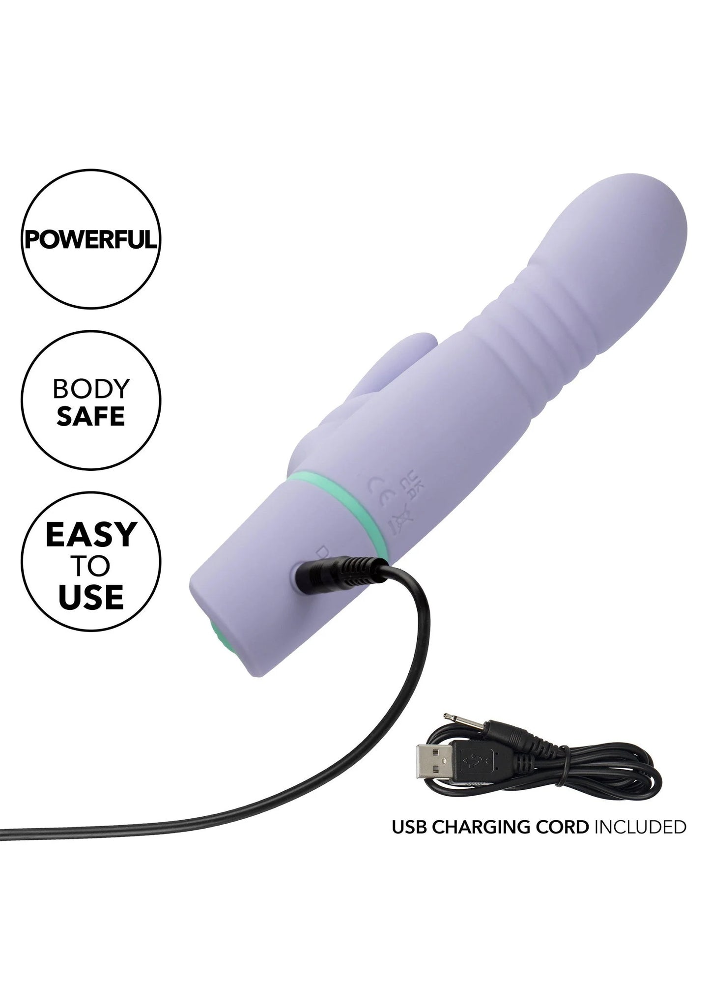 Lila vibrerende konijnen-vibrator met groen bandje en meegeleverde USB-oplaadkabel