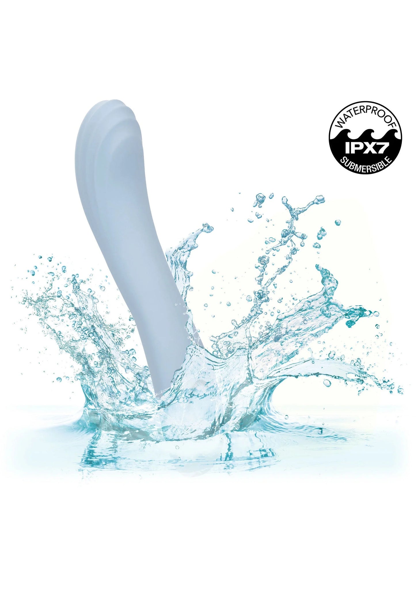 Lichtblauwe contoured G vibrator met water spatten en IPX7 waterdichtheidslabel