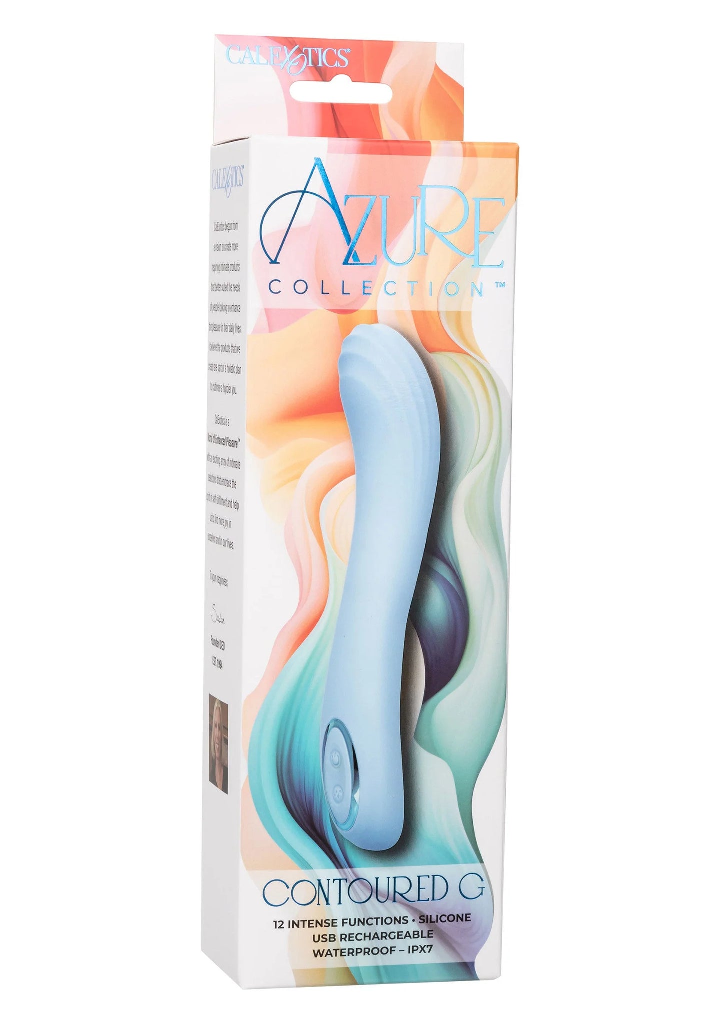 CalExotics Azure contoured G vibratorverpakking met afbeelding van de lichtblauwe vibrator