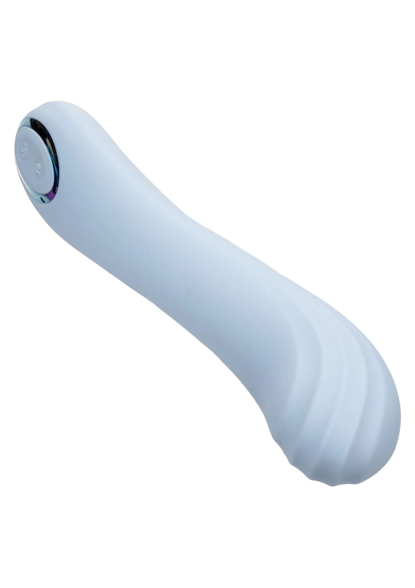 Lichtblauwe contoured G vibrator in schuine hoek met ovale bedieningsknoppen