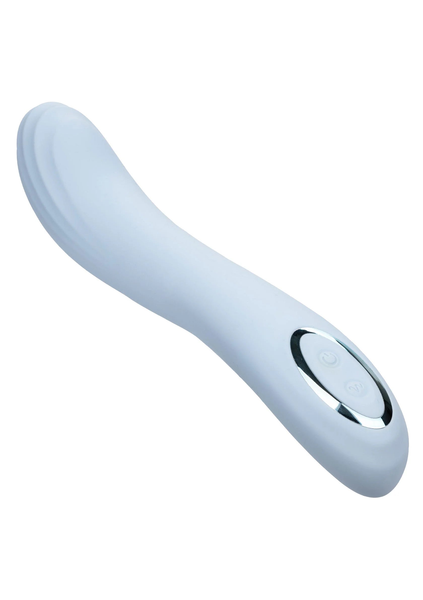 Lichtblauwe contoured G vibrator met ovale bedieningsknoppen aan de zijkant