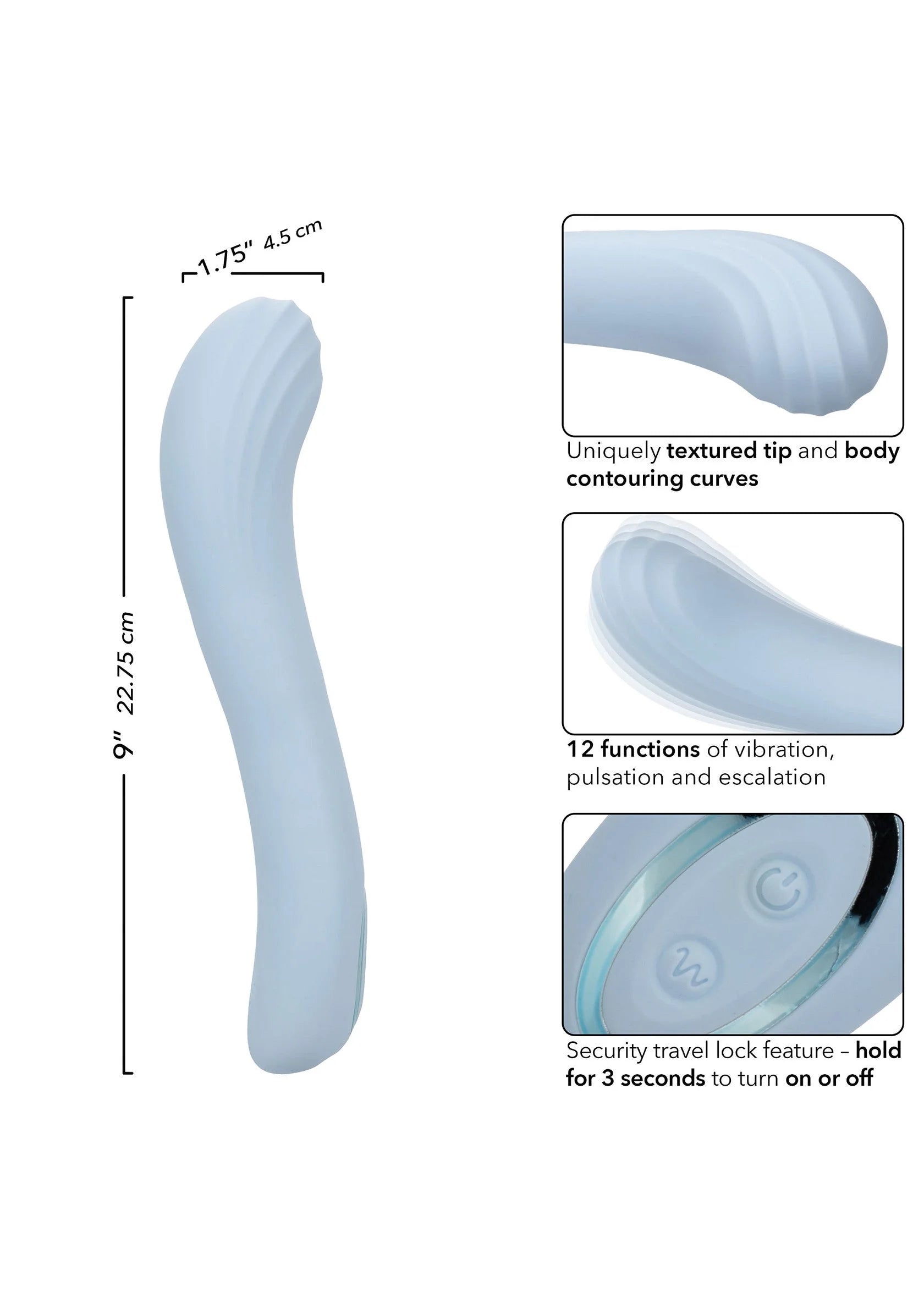 Lichtblauwe contoured G vibrator met afmetingen en functies: trilling en pulsatie
