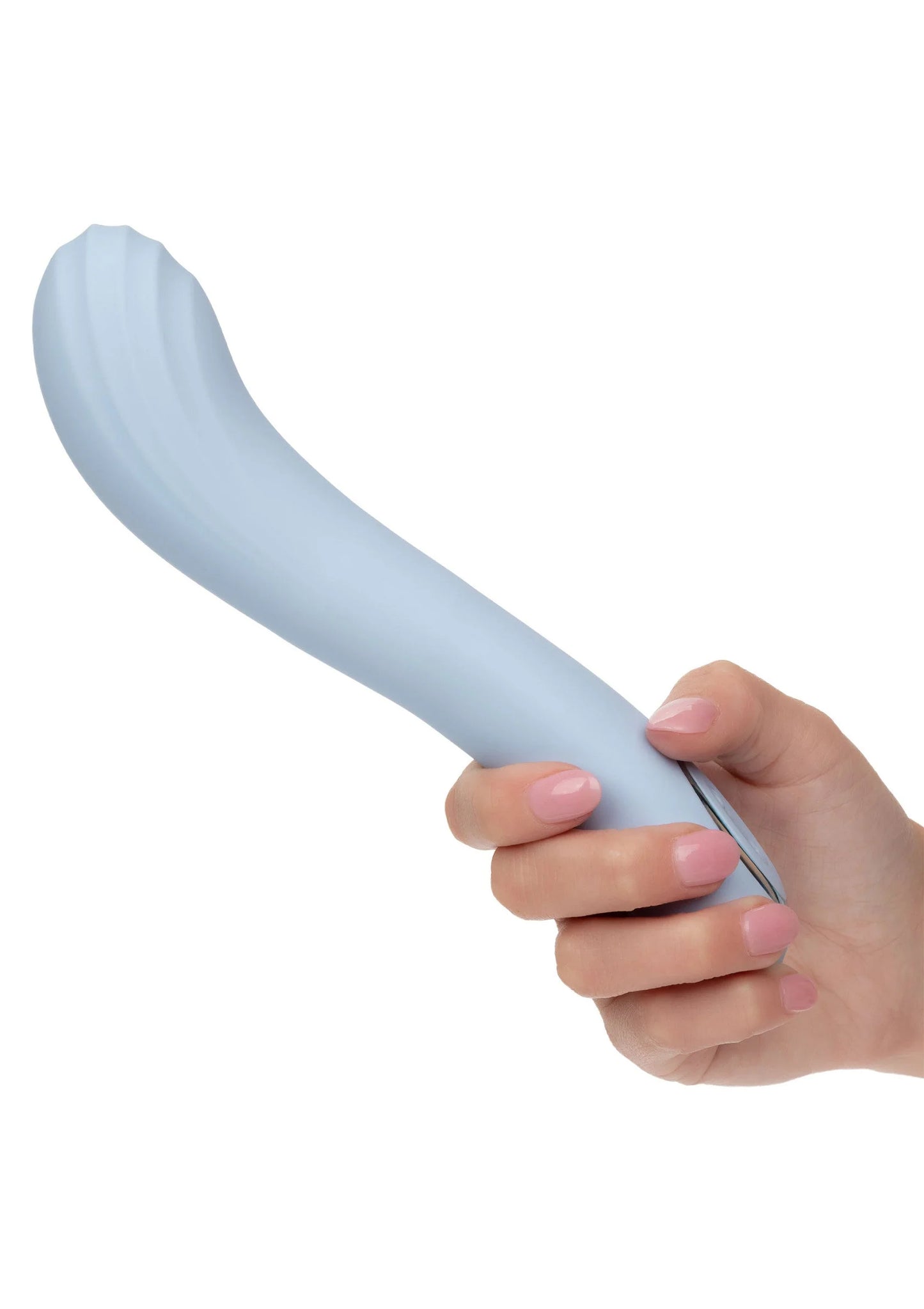 Lichtblauwe contoured G vibrator vastgehouden in hand