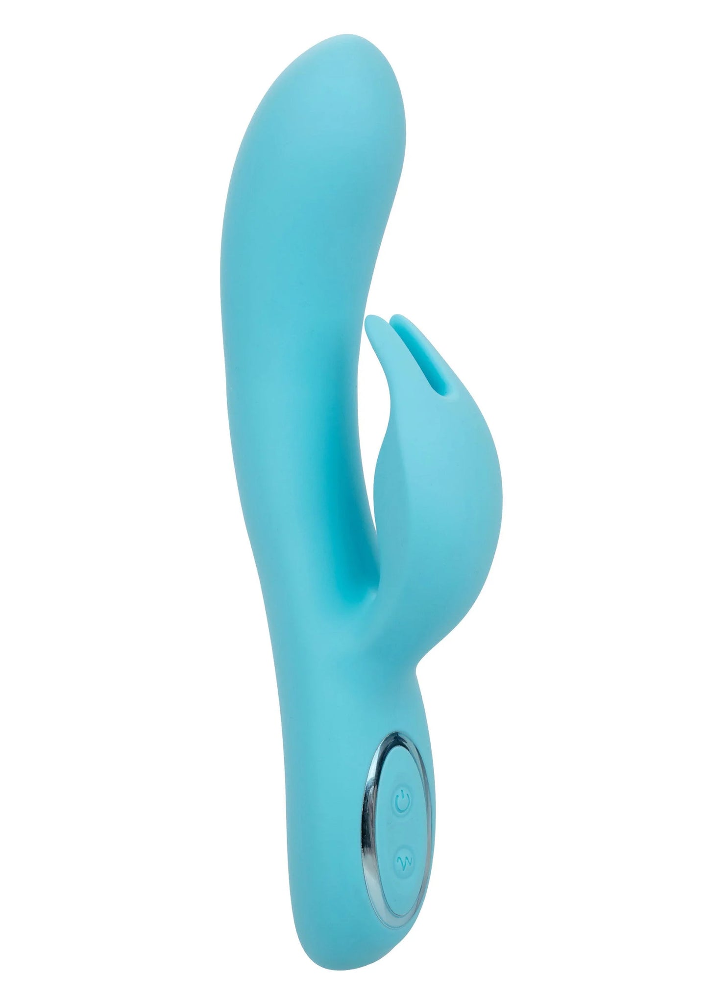 Blauwe siliconen konijnvibrator met ovale bedieningsknop aan zijkant