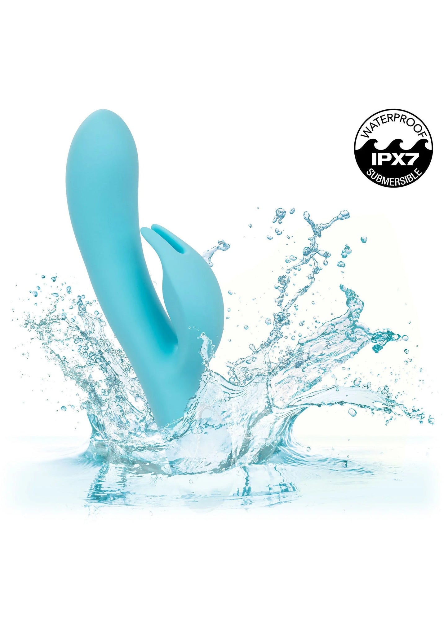 Blauwe siliconen konijnvibrator met waterspatten en IPX7 waterdichtlabel