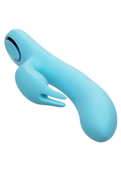 Blauwe siliconen konijnvibrator met ovale knop en open binnenlus