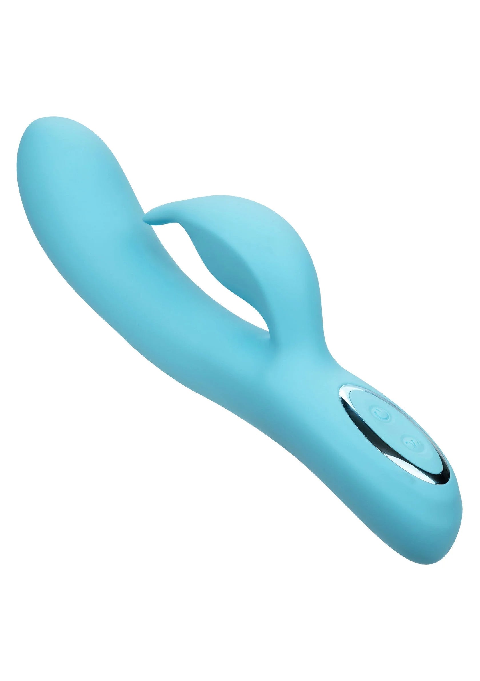 Blauwe siliconen konijnvibrator met ovale knop en ingebouwde lusvorm
