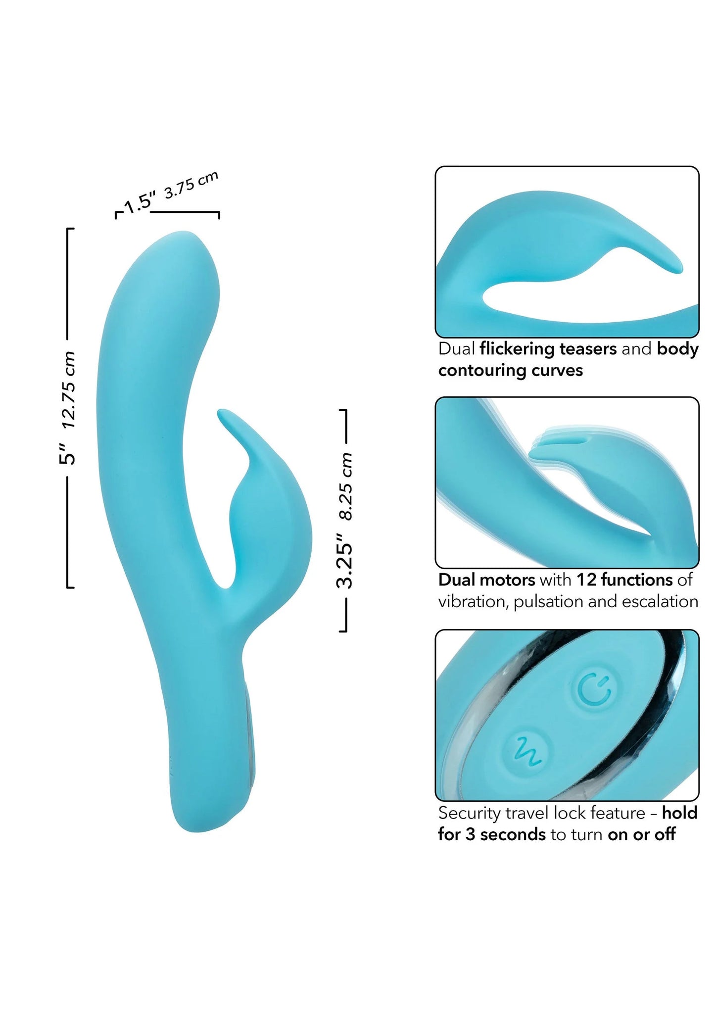 Blauwe konijnvibrator met afmetingen en functies, illustratie op verpakking