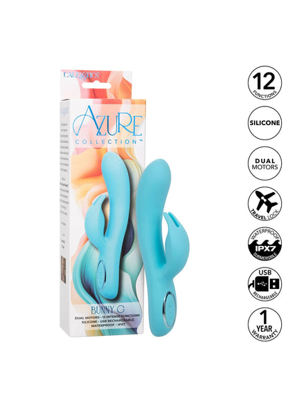 CalExotics Azure Bunny G verpakking met icons: 12 standen, silicone, IPX7